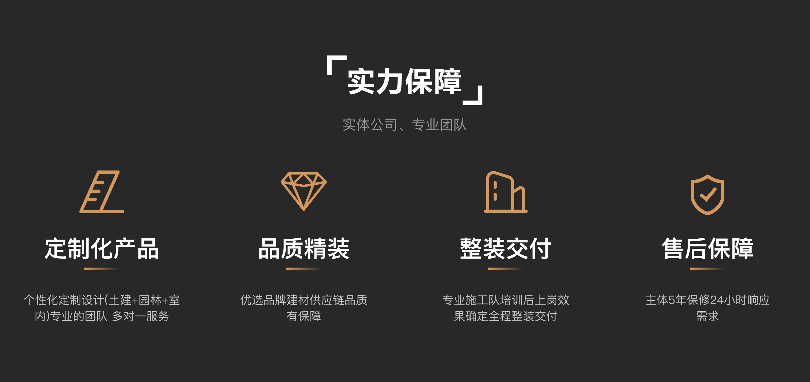 实力保障 — 定制化产品 / 品质精装 / 整装交付 / 售后保障